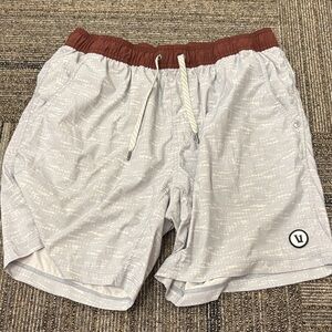 Vuori Heather Gray Shorts with Rust Waistband